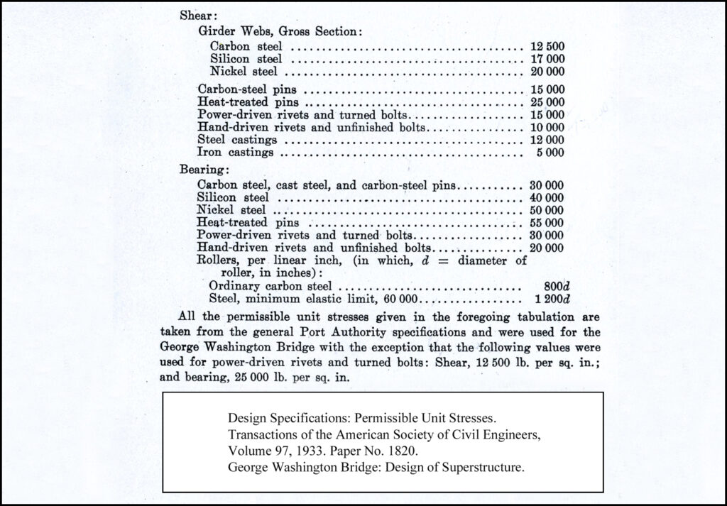 Design Specifications: Permissible Unit Stresses. Transactions of the American Society of Civil Engineers, Volume 97, 1933. Paper No. 1820. George Washington Bridge: Design of Superstructure.