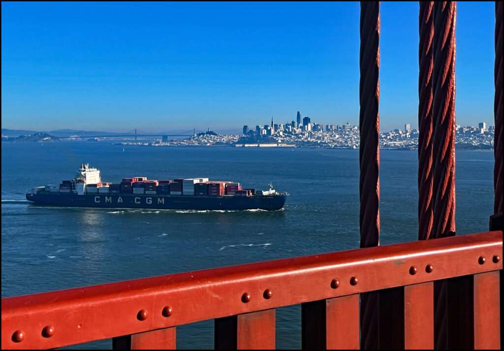 San Francisco bay container ship under the Golden Gate Bridge