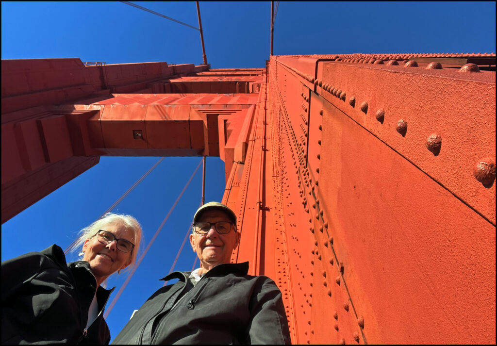 Golden Gate Bridge pedestrian walkway and approaching the towers