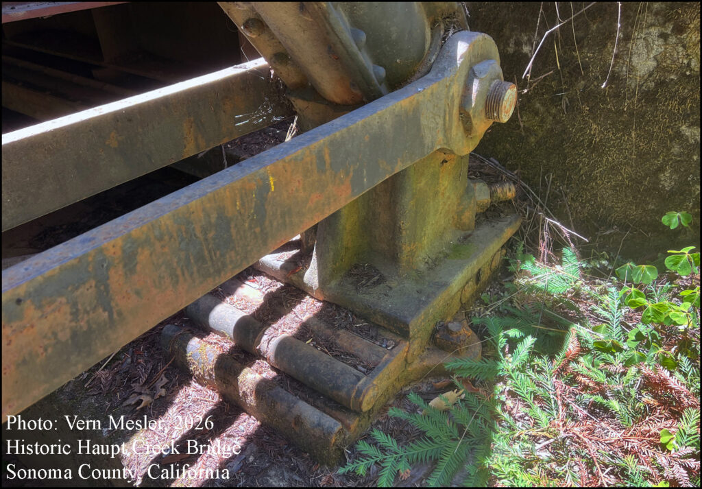 Historic Haupt Creek Bridge northern Sonoma County, California. Redwood Logs Logger’s Pole Trailer Phoenix columns