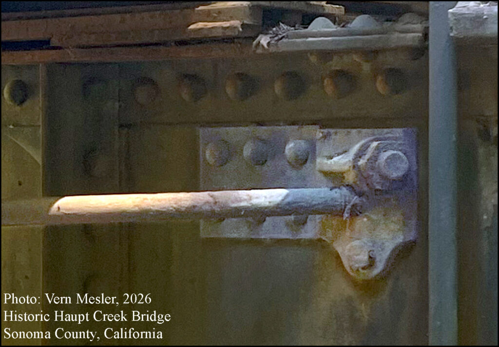 Historic Haupt Creek Bridge northern Sonoma County, California. Redwood Logs Logger’s Pole Trailer Phoenix columns