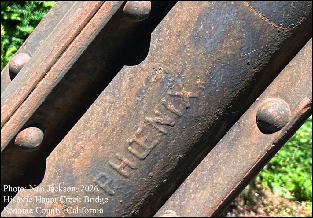 Historic Haupt Creek Bridge northern Sonoma County, California. Redwood Logs Logger’s Pole Trailer Phoenix columns