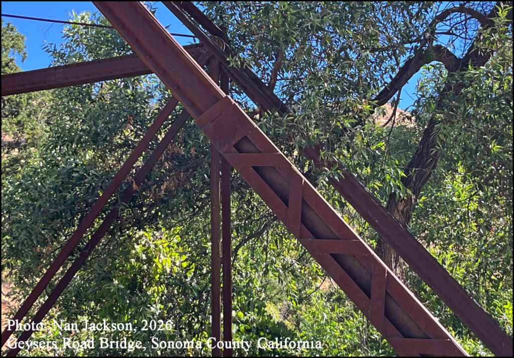 Nan Jackson, 2026 Geysers Road Bridge, Sonoma County California Repaired phoenix column inclined end post