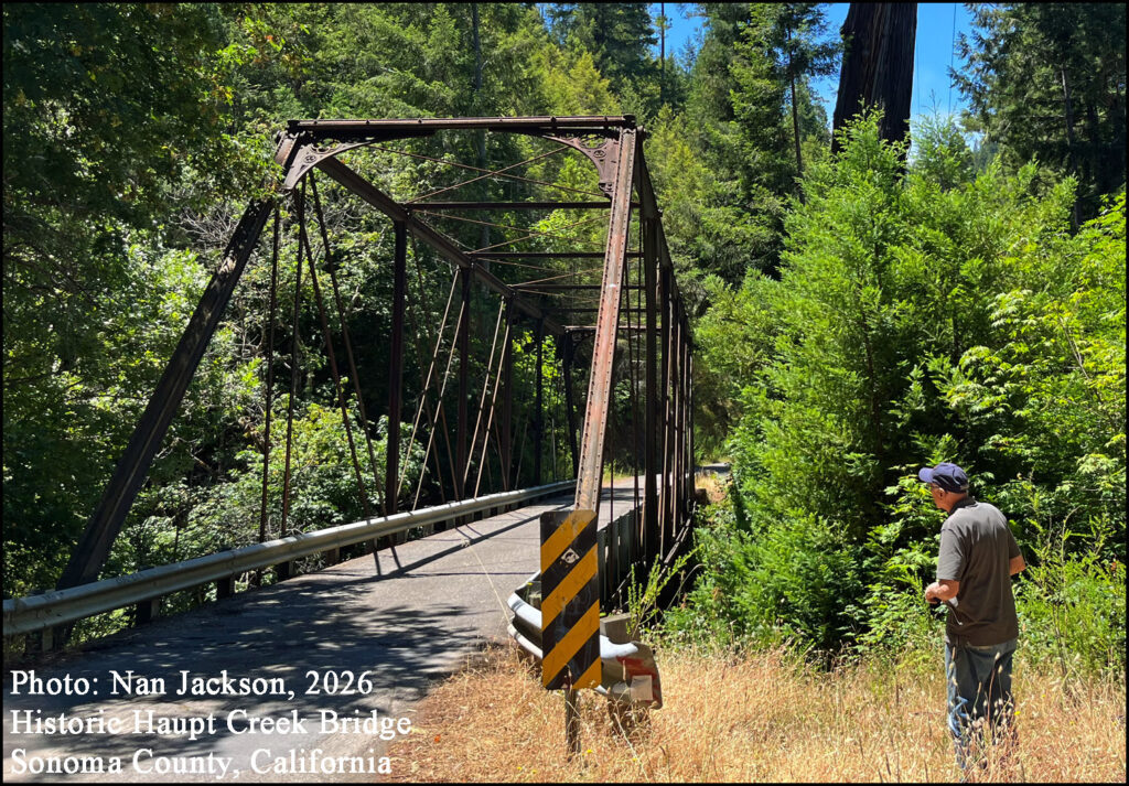 Historic Haupt Creek Bridge northern Sonoma County, California. Redwood Logs Logger’s Pole Trailer Phoenix columns