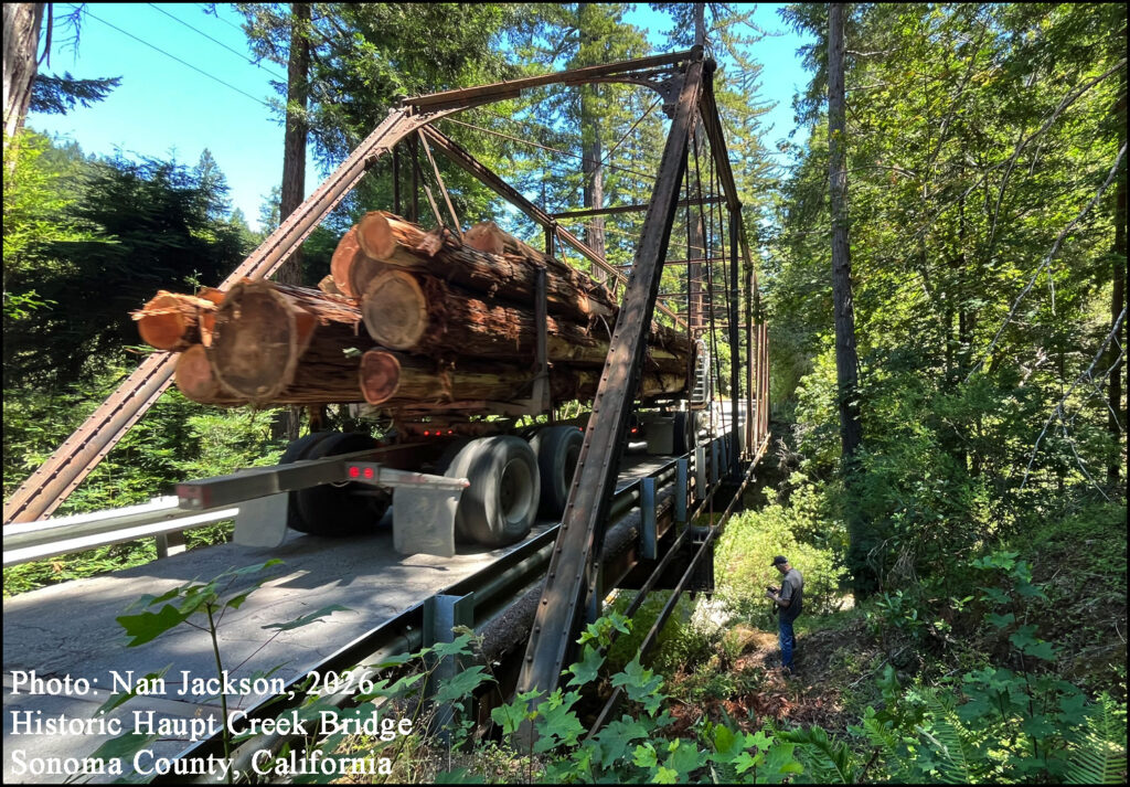Historic Haupt Creek Bridge northern Sonoma County, California. Redwood Logs Logger’s Pole Trailer Phoenix columns