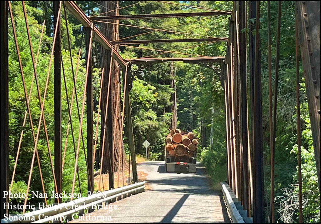 Historic Haupt Creek Bridge northern Sonoma County, California. Redwood Logs Logger’s Pole Trailer Phoenix columns
