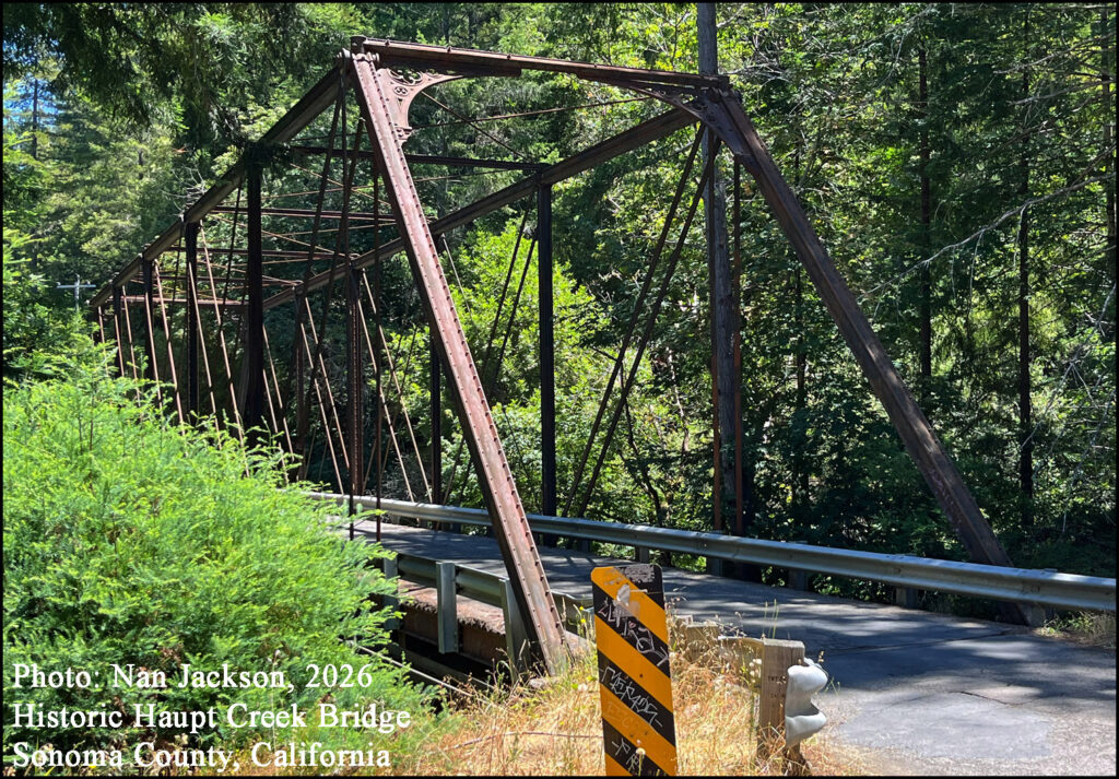 Historic Haupt Creek Bridge northern Sonoma County, California. Redwood Logs Logger’s Pole Trailer Phoenix columns
