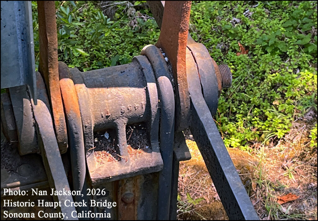 Historic Haupt Creek Bridge northern Sonoma County, California. Redwood Logs Logger’s Pole Trailer Phoenix columns