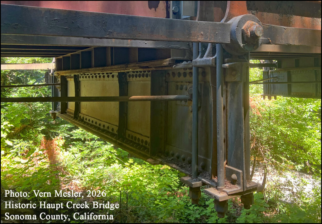 Historic Haupt Creek Bridge northern Sonoma County, California. Redwood Logs Logger’s Pole Trailer Phoenix columns