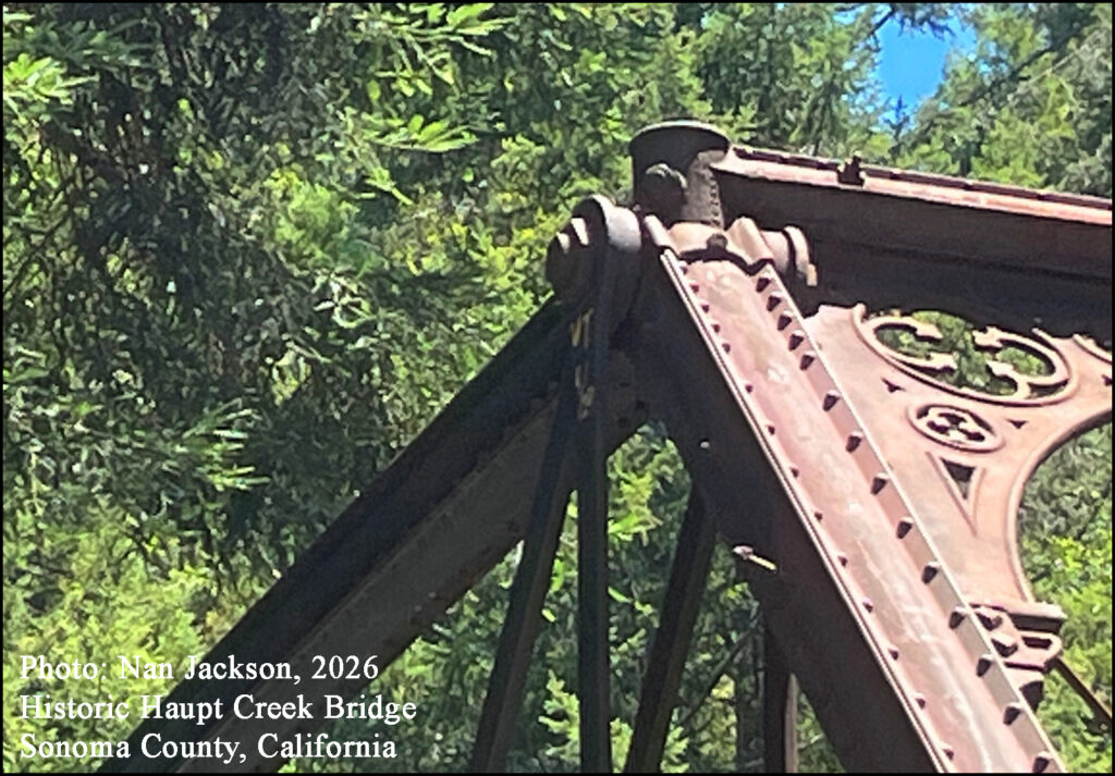 Historic Haupt Creek Bridge northern Sonoma County, California. Redwood Logs Logger’s Pole Trailer Phoenix columns
